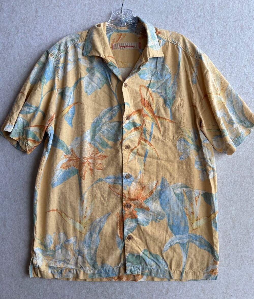 Tommy Bahama Silk Hawaiian Shirt Mens S Tan Blue Floral Camp Aloha Tropical